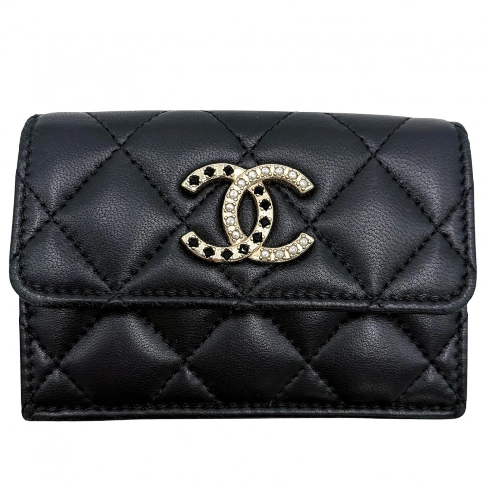 CHANEL Black Pearl Lambskin Leather Logo Wallet